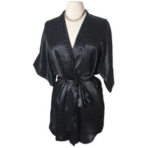VTG Axiom Womens Satin Robe S Black Polka Dot Kimono Knee Length Robe Belted